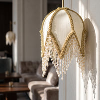 Lampshade Cover with Bead Fringe Linen-Textured for Photo Styling, Tea Rooms