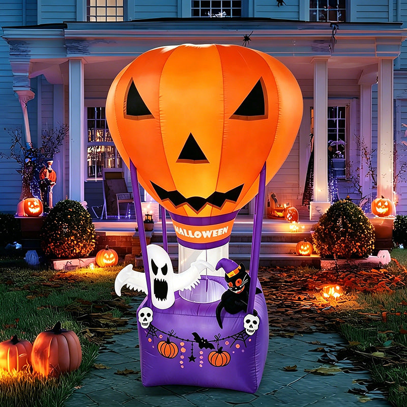 1.8m Halloween Inflatable Ghost Sitting on Pumpkin Hot Air Balloon with LED Lights for Outdoor Party Decor (EU Plug)