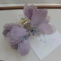 Romantic Purple Tulle Bow Hair Clip with Crystal Craftsmanship - Elegant Shark Clip