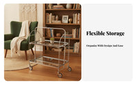 Easy Mobility Folding Fluted Glass Trolley Multi-Purpose 2-Tier Rolling Cart Modern Design Wheeled Side Table Vintage Aesthetic for Home Entertainers, Apartment Dwellers, Living Room, Kitchen, Bedroom, Balcony