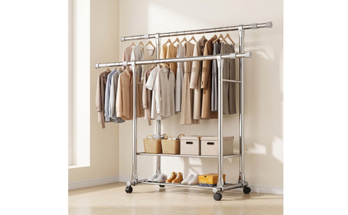 Adjustable Double Rod Clothes Rack Space-Saving Clothes Rack with Wheels Mobile Portable for Laundry Room, Entryway