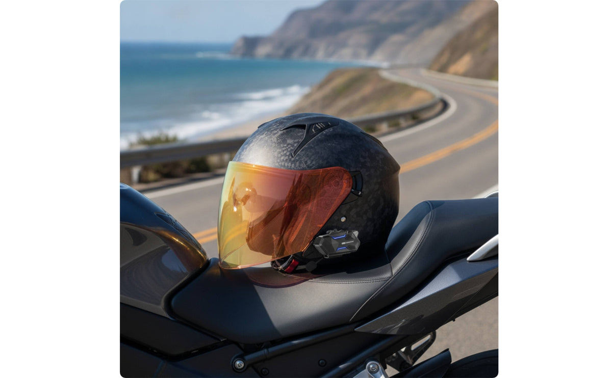 Three Quarter Helmet | molded Carbon-Fiber Look, Low-Profile with communication system System, for Daily Commuting