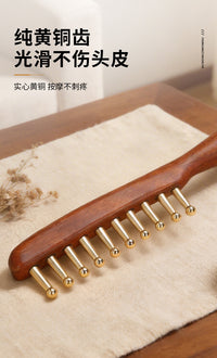 Pure Brass Long-Handle Massage Comb for Scalp and Head Meridian, Thick Wide Teeth, for Men and Women, Gold Silk Sandalwood Comb