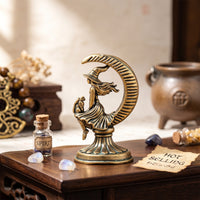 Brass-Toned Witch with Cat Figurine Halloween Witch Figurine Miniature Shelf Decor Antique for Witchcraft Enthusiasts, Collectors, Desk, Bookshelf, Bedside Table