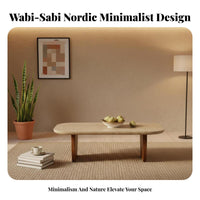 Wabi-Sabi Design Rectangular Travertine Coffee Table Natural Stunique Top Home Furniture sturdy Wood Legs Minimalist aesthetic for Interior Designers, Homeowners, Living Room, Lounge Area, Office Reception