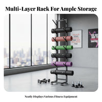 Exercise Mat Holder Mobile with Wheels Foam Roller Storage Rack Large Capacity Metal Exercise Mat Storage Rack for Gym