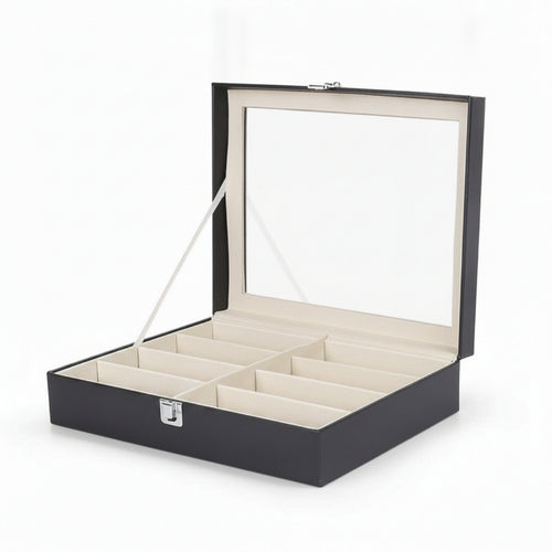 Eyewear Box with Clear Window Multi-Compartment Glasses Storage Box Leather-Like
