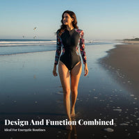 Long Sleeve Zip up Bathing Suit Sun Protection women's Piece-Piece Sun Shirt Front Fastener Wave Suit Color Panel Design