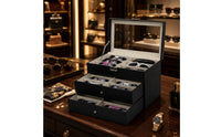 Transparent Top Window Three-Tier Eyeglass Box Black PU Leather Eyeglass Drawer Case Textile-Lined Sunglasses Organizer Metal Latch