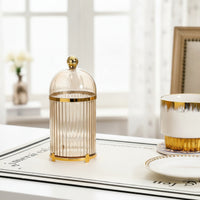 Gold-Toned Fruit Fork Holder with Lid Decorative Dessert Fork Storage Container Ribbed Utensil Holder with Lid Dustproof for Hosts, Homeowners, Dining Table, Kitchen Countertop