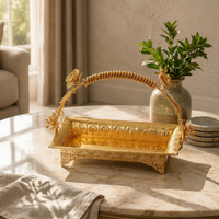 Ornate Tabletop Fruit Tray Embossed Metal Fruit Basket Arched Handle