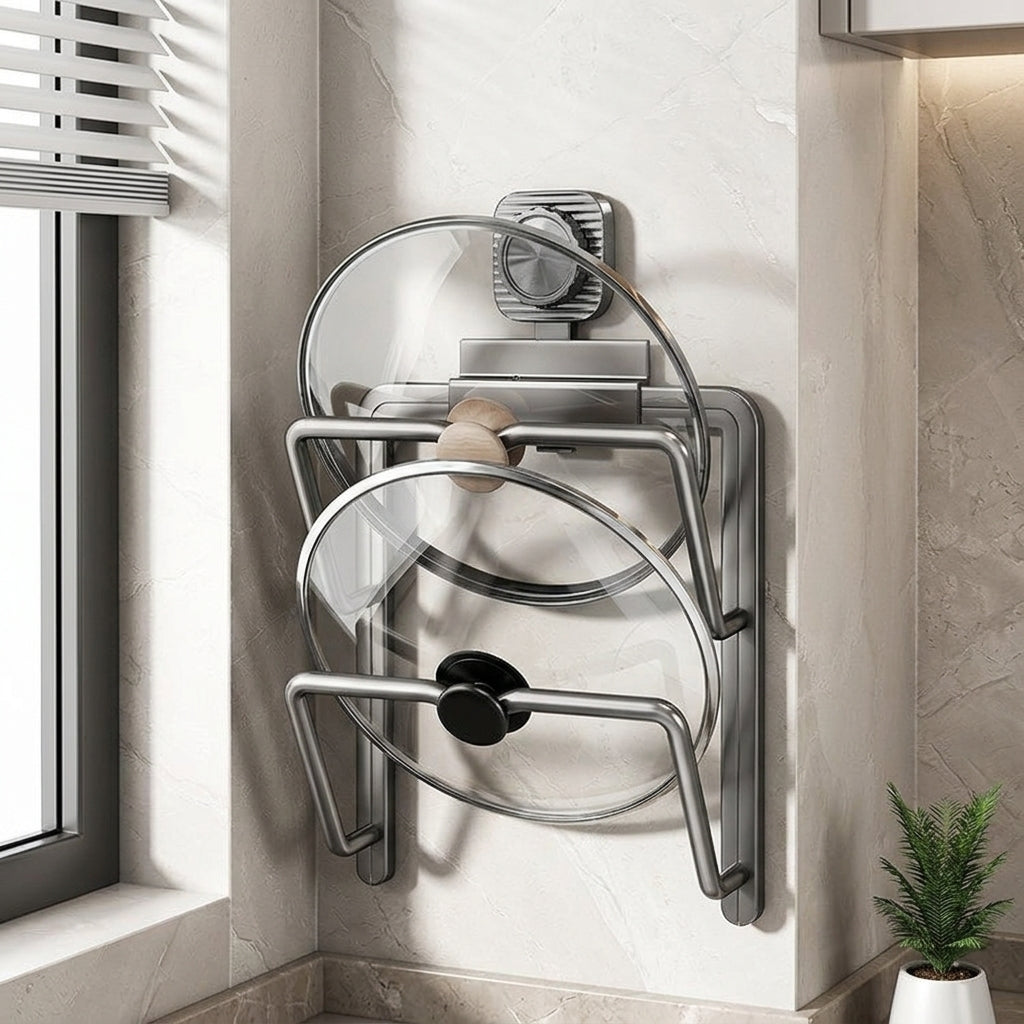 Kitchen Lid Holder, Wall Mount No Drilling, Large, Modern, Space-saving, Suction Cup, Aluminum, Double-layered for Cutting Boards