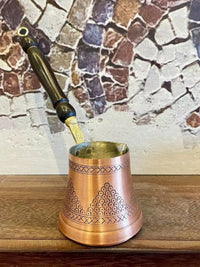 现货进口土耳其咖啡壶手工铜复古木柄葡萄花纹小型家用壶银色
