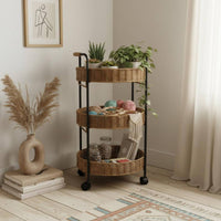 Imitation Rattan Rolling Cart Handwoven 3 Tier Basket Shelf Movable  Storage Cart for Living Room