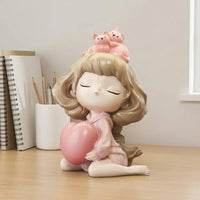 Girl Piggy Bank Desktop Ornament Decor Statue Pink Finish for Children, Friends