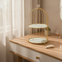 Bird Cage Cosmetic Organizer 2-Tier Bird Cage Makeup Organizer Gold Birdcage Storage Rack for Dressing Table