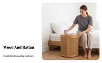 Multi-Functional Round Woven Side Table with Lid Japanese Inspired Design Round Side Table with Storage Space-Saving Organizer Basket Decorative Design for Apartment Dwellers, Homeowners, Interior Decorators, Bedroom, Living Room, Small Areas, Entryway