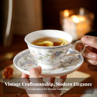 Embossed Flower Teacup Elegant Design Vintage Floral Teacup Set Ceramic Coffee Mug and Dish Fine China Gold Rimmed Tea Mug