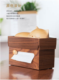 安睡的猫实木纸巾盒侧抽式卡通可爱客厅餐桌抽纸盒桌面收纳卫生纸