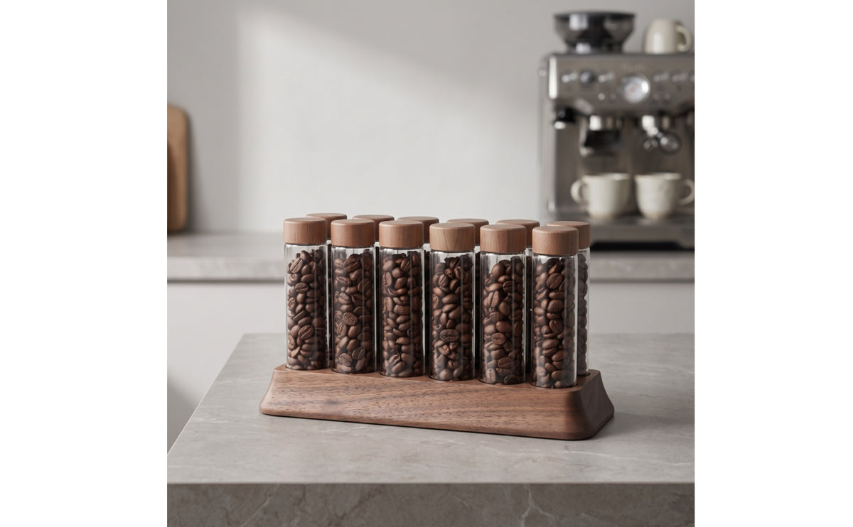 Coffee Bean Display Base with Glass Tubes Coffee Bean Tube Holder with Wooden Base Organized Rack for Baristas
