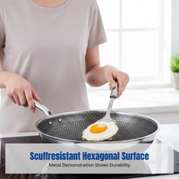 Stainless Steel Wok, 304 Nonstick Frying Pan, Hexagonal Surface, No Coating, Scuff Resistant, Flat Bottom, Chef Kitchen