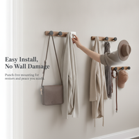 Chinese Style Walnut Wood Wall Mounted Coat Rack with Hooks, No-Drill Installation, 5-10kg Load Bearing for Entryway & Wardrobe