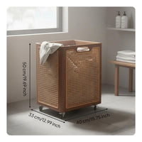 Solid Wood Laundry Basket Large Capacity Rattan Laundry Hamper on Wheels