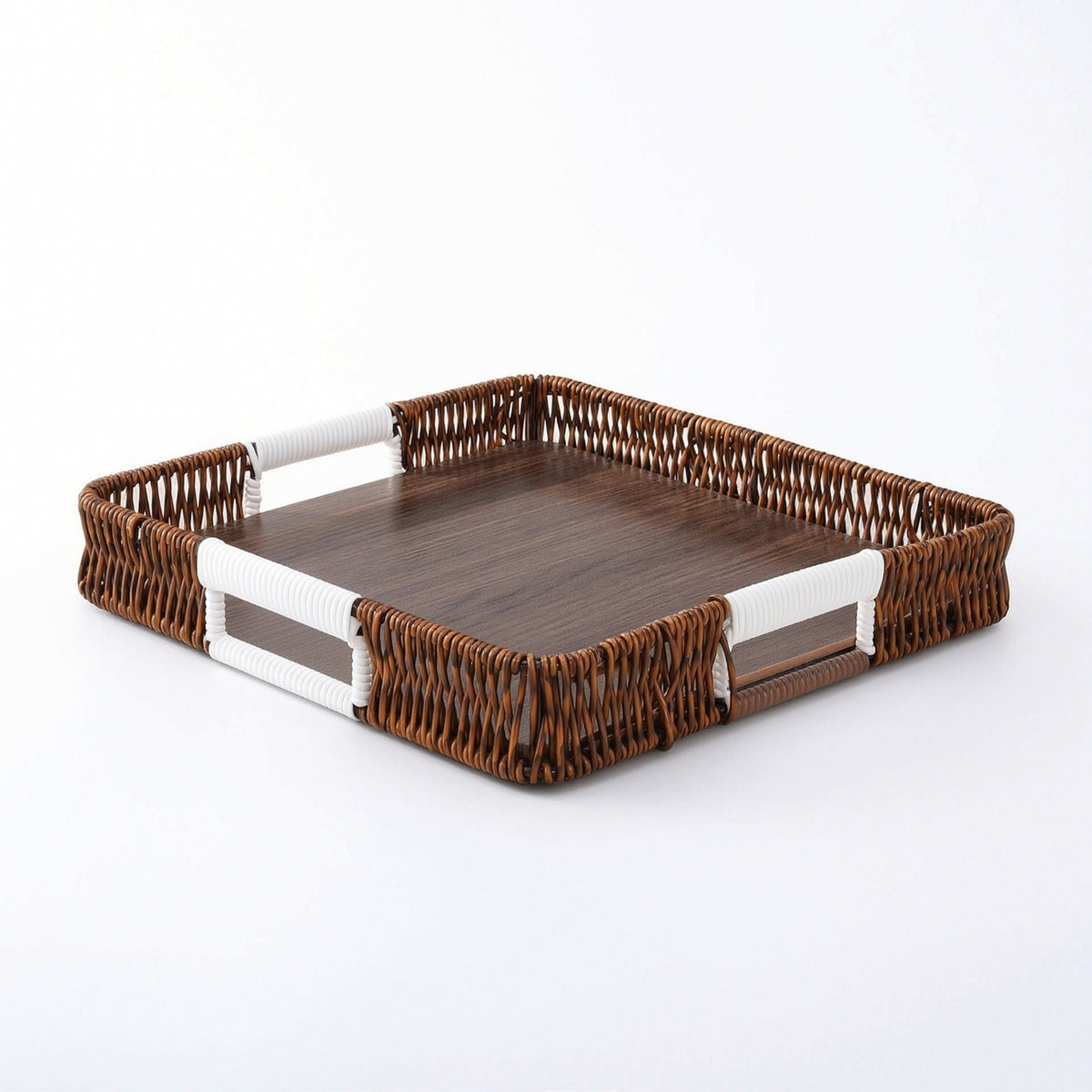 Square Tray with Handles Low-Rise Wood and Rattan Tray Sturdy for Homeowners