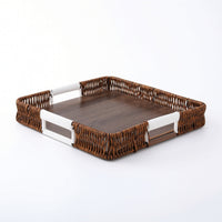 Square Tray with Handles Low-Rise Wood and Rattan Tray Sturdy for Homeowners