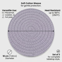 Cotton Rope Woven Placemats Round Heat Resistant Table Mats, Set of 3 Insulated Hot Pads for Dining Absorbent Coasters for Teapot Bowls Plates