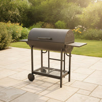 Briquette Grill with Side Tables Outdoor Wheeled Briquette Barbecue High-Temperature Resistant Grill with Two Side Tables for Campers, Backyard