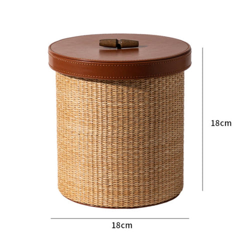 Round Rattan Container Vintage Design Leather Lid Decorative Canister Handwoven