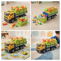 Inertia-Style Transport Truck with Play Food Alloy Toy Truck with Cargo Bed Authentic Vehicle Set Friction-Powered for Children, Toddlers, Playroom