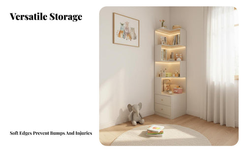 Space-Saving Corner Bookshelf with Cabinet Multi-Functional Integrated Corner Bookcase Cabinet Rounded Corners L-Shaped Nightstand with Shelves Sturdy Construction for Apartment Dwellers, Book Lovers, Homeowners, Study, Home Office, Dorm Room