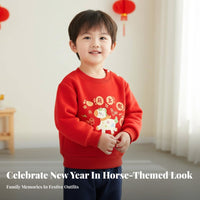 Children's Red Fleece Pullover, Year of the Horse, Thickened, Festive Sweatshirt, Soft for Boys & Girls