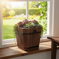 Carbonized Wood Flower Pot Anti Cactus Pot Wooden Planter With Metal Handles for Balcony, Home Decoration