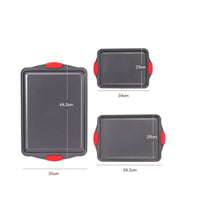 3 Pieces Rectangular Cooking Tray Red Silicone Handles Nonstick Cooking Tray Thickened Carbon Steel Oven Pans