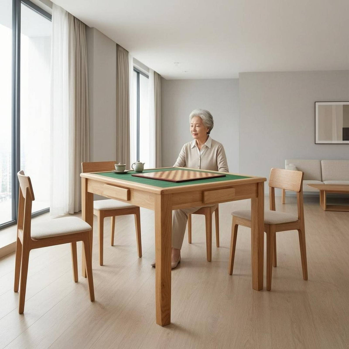 Green Tabletop Wooden Chess Table Natural Wood Finish Chess Table Grid Pattern Furniture Built-in Drawers