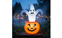 Freestanding Inflatable Ghost with Jack-O'-Lantern Lighted Inflatable Pumpkin with Ghosts Glowing Outdoor for Garden, Porch