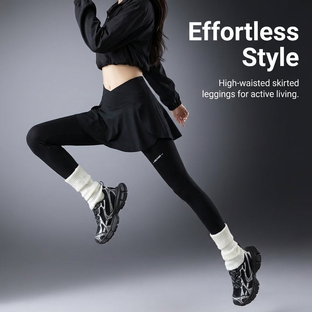 Gym Leggings with Skirted Overlay and High Waist for Women, Workout with Side Pockets, Fleece Lined Compression Material