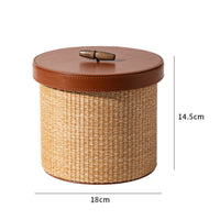 Round Rattan Container Vintage Design Leather Lid Decorative Canister Handwoven