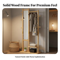 Standing Coat Rack with Mirror Wooden Clothes Stand Storage Organizer Garment Rack Combination with Shelves and Hooks Space-saving Function Suitable for Renters Adults Entryway Bedroom Apartment