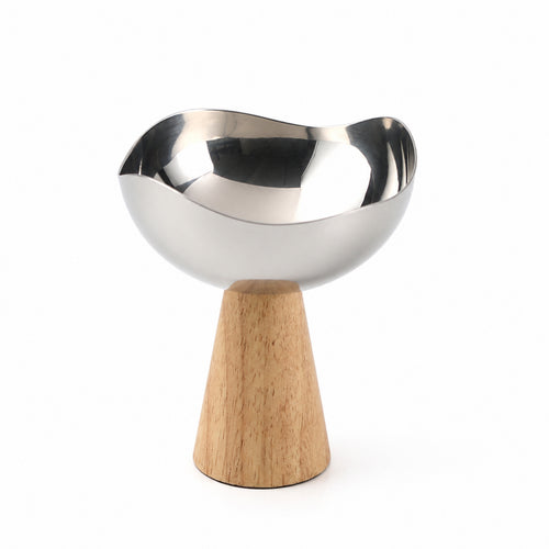 Fruit Bowl with Wood Base Stainless Steel Bowl with Pedestal Base Elevated for Dining Table