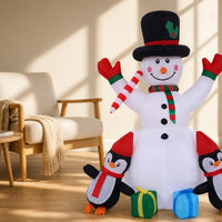 Eye-Catching Inflatable Snowman with Penguins Stable Snowman with Top Hat Giant Yard Decoration Reusable for Lawn