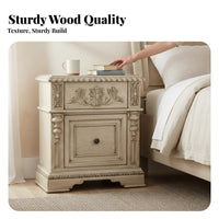 Carved Single-Drawer Nightstand French Country design Bedside Table with Drawer Handmade Space-Saving for Homeowners, Guest Room