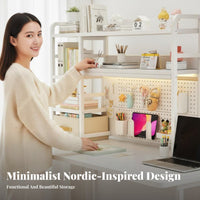 Multi-Layer Design Desk Hutch with Pegboard Space Saving Desktop Organizer Anti-Fall Baffle Tabletop Shelf Stable Construction for Students, Downice Workers, Study Room, Dormitory, Bedroom
