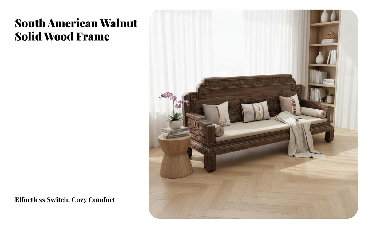 4 Pieces Chinese Design Traditional Carved Sofa Bed Bed Double-Purpose Use Walnut Wood Daybed Mortise and Tenon Joinery Solid Wood Carved Sofa Set