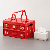 Foldable Storage Container Box With Handle 18L With Lid Plastic Container Vermilion Gold Print Traditional Pattern Storage Container