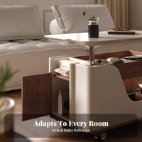 Mobile Sofa Table with Storage Lift Adjustable Surface Side Table Snack Cart C-shaped Base Sintered Stone Top Solid Wood Frame with Wheels Suitable for Adults Bedroom Living Room Home Office Compact Spaces