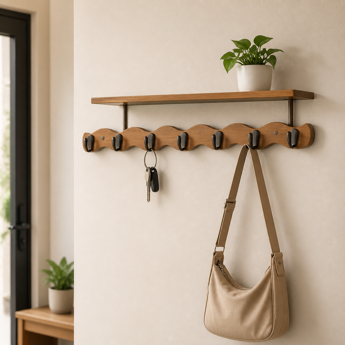 Mini Wall Mounted Coat Rack with Shelf, Brown Wood Key Holder Wall Mount, Wave Design Hallway Organiser Hooks, Screw-in Metal